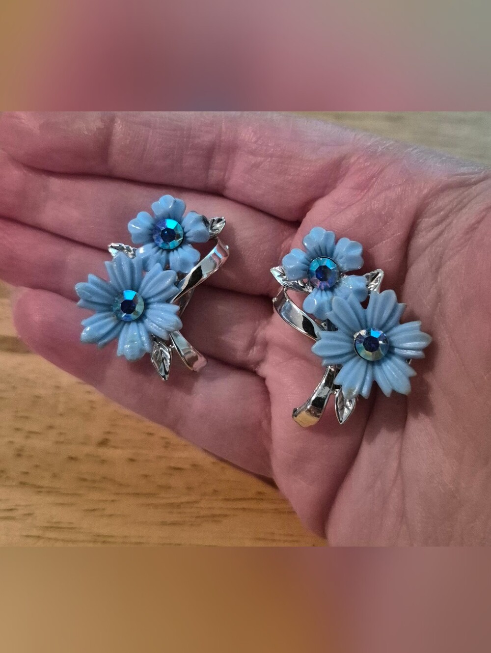 Silver Tone Blue Floral Rhinestone Clip On Earrings